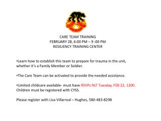 CARE TEAM TRAINING FEBRUARY 28, 6:00 PM – 9 :00 PM RESILIENCY TRAINING CENTER