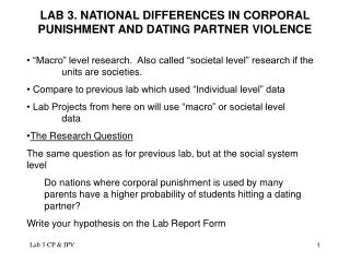 LAB 3. NATIONAL DIFFERENCES IN CORPORAL PUNISHMENT AND DATING PARTNER VIOLENCE