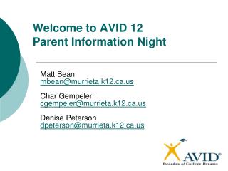 Welcome to AVID 12 Parent Information Night