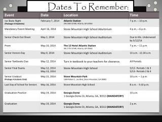 Dates To Remember: