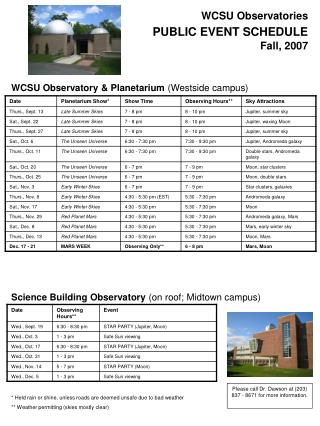 WCSU Observatories PUBLIC EVENT SCHEDULE Fall, 2007