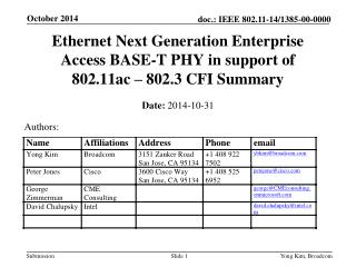 Ethernet Next Generation Enterprise Access BASE-T PHY in support of 802.11ac – 802.3 CFI Summary