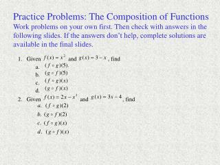 Practice Problems: The Composition of Functions