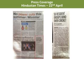 Press Coverage Hindustan Times – 22 nd April