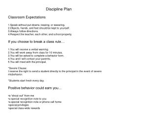 Discipline Plan Classroom Expectations Speak without put-downs, teasing, or swearing.