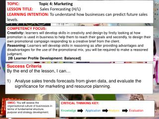 TOPIC:	 Topic 4 : Marketing LESSON TITLE: Sales Forecasting (H/L)
