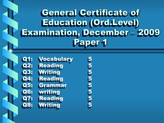 General Certificate of Education (Ord.Level) Examination, December – 2009 Paper 1