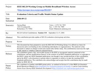 802.20 Evaluation Criteria and Traffic Models Status Update