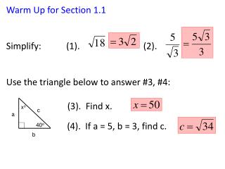 Warm Up for Section 1.1 Simplify: (1). (2).