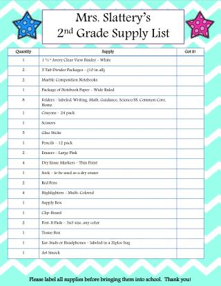 Mrs. Slattery’s 2 nd Grade Supply List