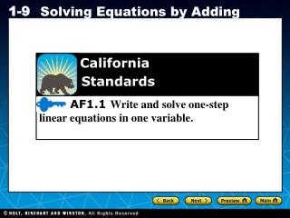 AF1.1 Write and solve one-step linear equations in one variable.