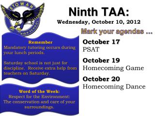 Ninth TAA: Wednesday, October 10, 2012