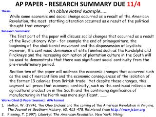 AP PAPER - RESEARCH SUMMARY DUE 11/4 An abbreviated example…..