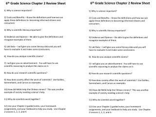 6 th Grade Science Chapter 2 Review Sheet