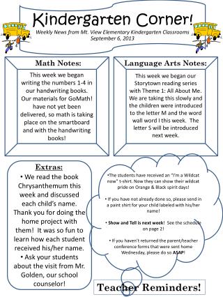 Kindergarten C orner! Weekly News from Mt. View Elementary Kindergarten Classrooms