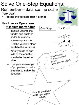 Solve One-Step Equations: Remember—Balance the scale