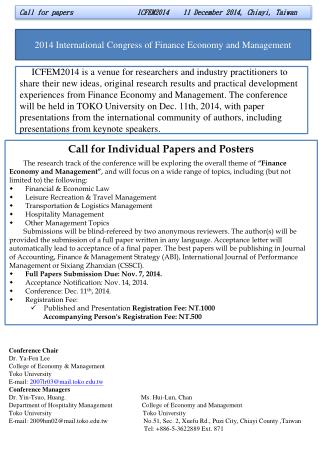 Call for papers ICFEM2014 11 December 2014, Chiayi, Taiwan