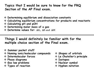Topics that I would be sure to know for the FRQ Section of the AP Final exam.