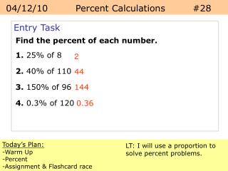 Today’s Plan: -Warm Up -Percent -Assignment &amp; Flashcard race