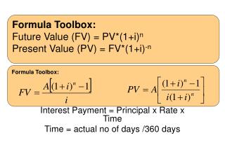 (1+i/m) m - 1 Interest Payment = Principal x Rate x Time Time = actual no of days /360 days