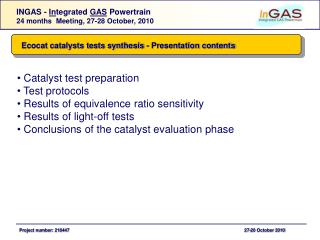 Ecocat catalysts tests synthesis - Presentation contents