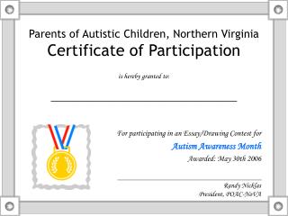 Parents of Autistic Children, Northern Virginia Certificate of Participation