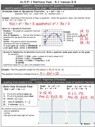 Standard form of Quadratic Function: y = ax 2 + bx + c