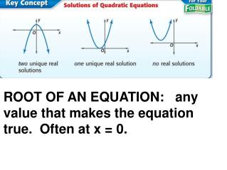 ROOT OF AN EQUATION: any value that makes the equation true. Often at x = 0.