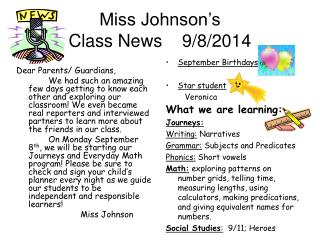 Miss Johnson’s Class News 9/8/2014