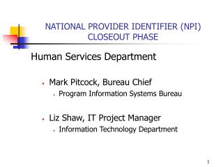 NATIONAL PROVIDER IDENTIFIER (NPI) CLOSEOUT PHASE