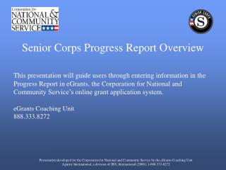 Senior Corps Progress Report Overview