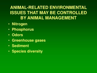 ANIMAL-RELATED ENVIRONMENTAL ISSUES THAT MAY BE CONTROLLED BY ANIMAL MANAGEMENT
