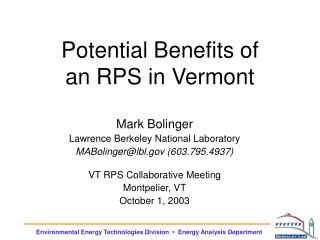 Potential Benefits of an RPS in Vermont