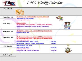 L H S Weekly Calendar