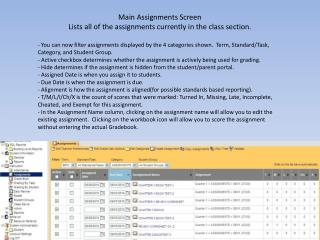 Main Assignments Screen Lists all of the assignments currently in the class section.