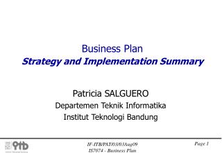 Business Plan Strategy and Implementation Summary