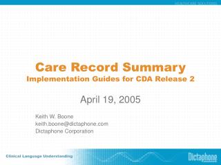 Care Record Summary Implementation Guides for CDA Release 2