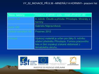 VY_52_INOVACE_PŘ.9.36 –MINERÁLY A HORNINY– pracovní list