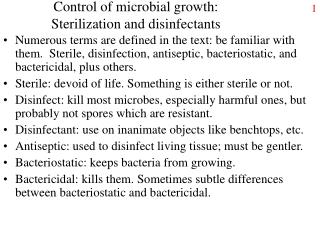 Control of microbial growth: Sterilization and disinfectants