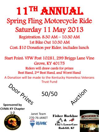 11 th ANNUAL Spring Fling Motorcycle Ride Saturday 11 May 2013 Registration: 8:30 AM – 10:30 AM