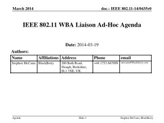 IEEE 802.11 WBA Liaison Ad-Hoc Agenda