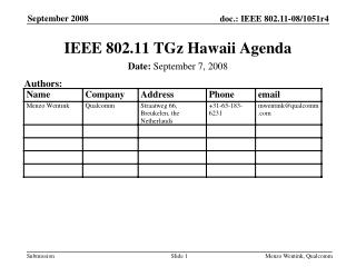 IEEE 802.11 TGz Hawaii Agenda