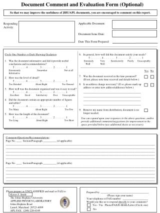 Document Comment and Evaluation Form (Optional)