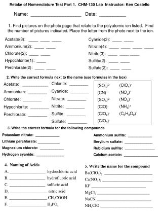 Acetate(3): ____ ____ ____ Ammonium(2): ____ ____ Chlorate(2): ____ ____