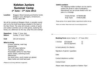 Kelston Juniors Summer Camp 1 st June – 3 rd June 2012