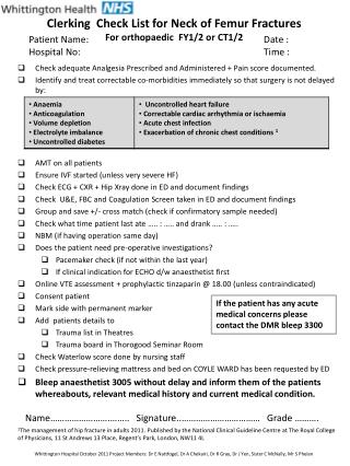 Clerking Check List for Neck of Femur Fractures For orthopaedic FY1/2 or CT1/2