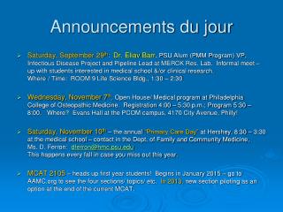 Announcements du jour