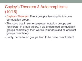 Cayley’s Theorem &amp; Automorphisms (10/16)