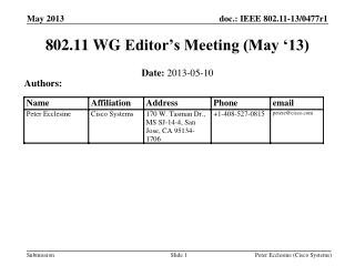 802.11 WG Editor’s Meeting (May ‘13)