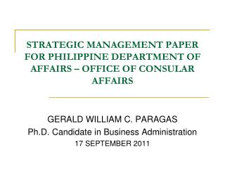 STRATEGIC MANAGEMENT PAPER FOR PHILIPPINE DEPARTMENT OF AFFAIRS – OFFICE OF CONSULAR AFFAIRS